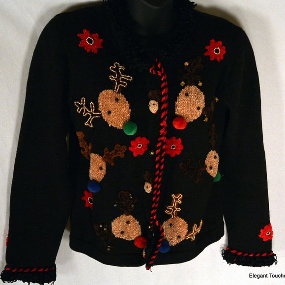 Jack B Quick Petite Christmas Black Cardigan Sweater PS Reindeer Jingle Bells - Picture 2 of 12